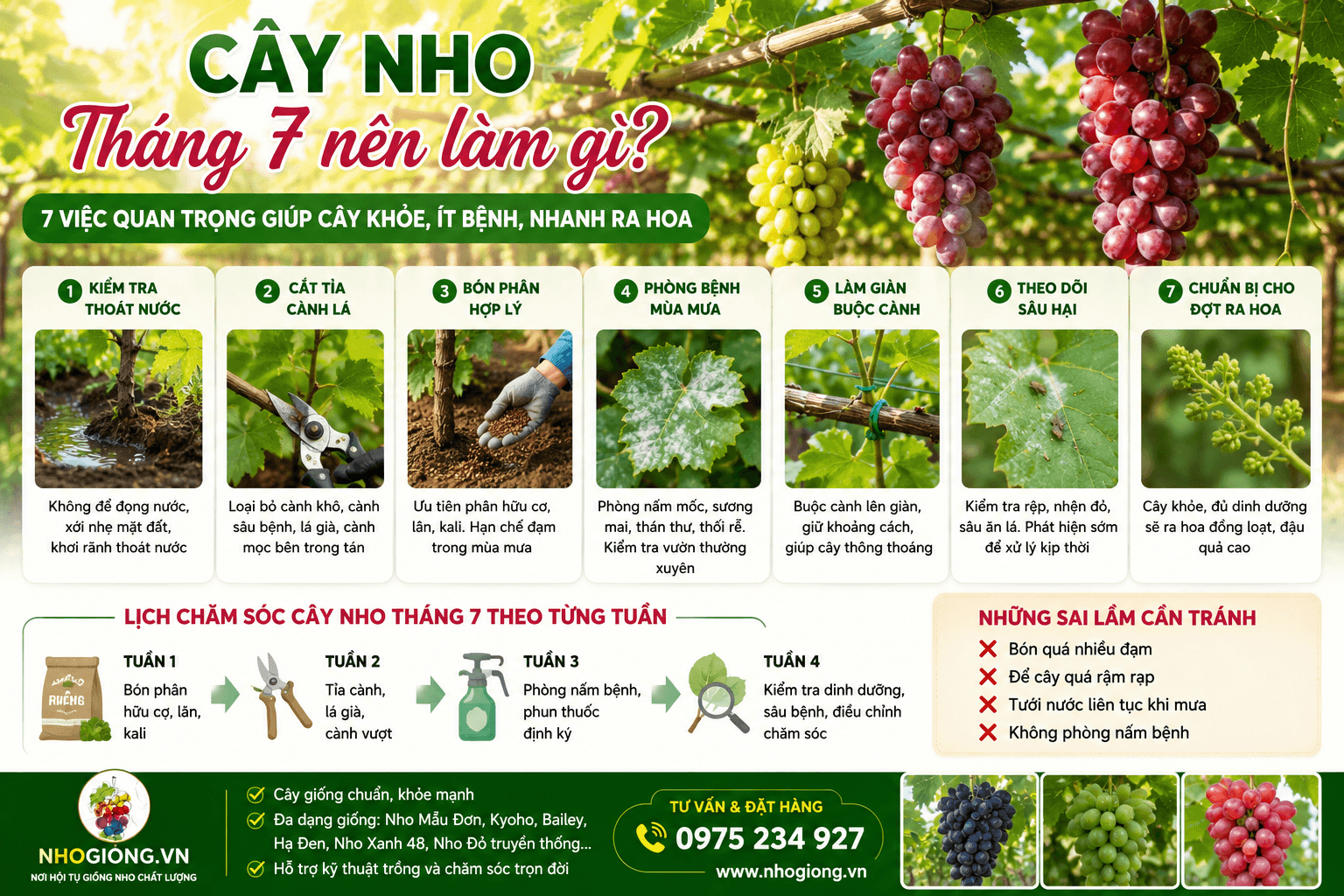 Tháng 7 nên làm gì để cây nho phát triển mạnh, nhanh ra hoa và sai trái?